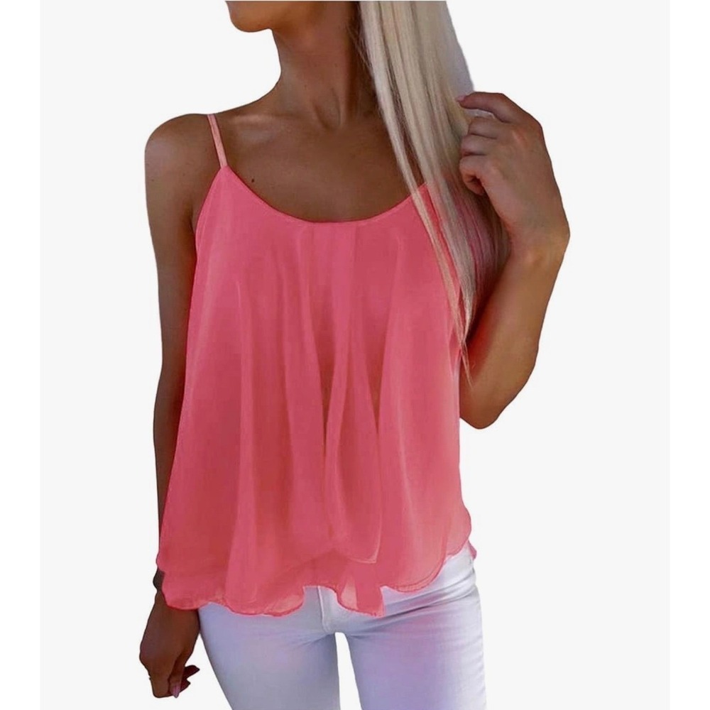 JJ Perfection Coral‎ Pink Chiffon Pleated Cami Tank Top XL AWTTK0331
